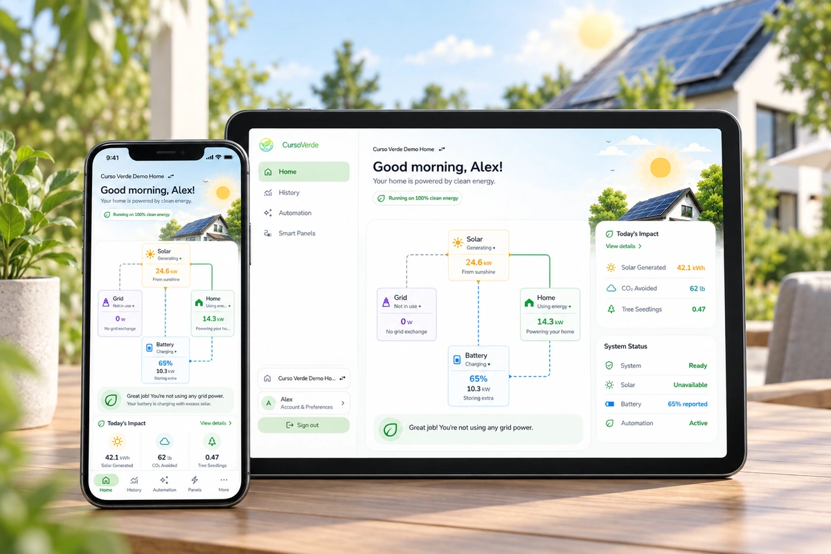 Curso Verde connected-energy application and service flows represented in orange and blue